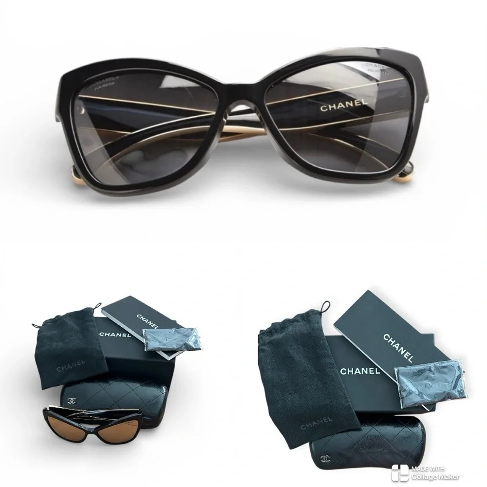 CHANEL Elegant Black and gold trim Sunglasses with accessories FLAWLESS CHANEL Sunglasses: Rectangle Sunglasses, acetate — Fashion  main image 4